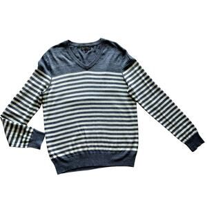 Express‎ Men's Blue White Stripe V-Neck Long Sleeve Sweater Size M